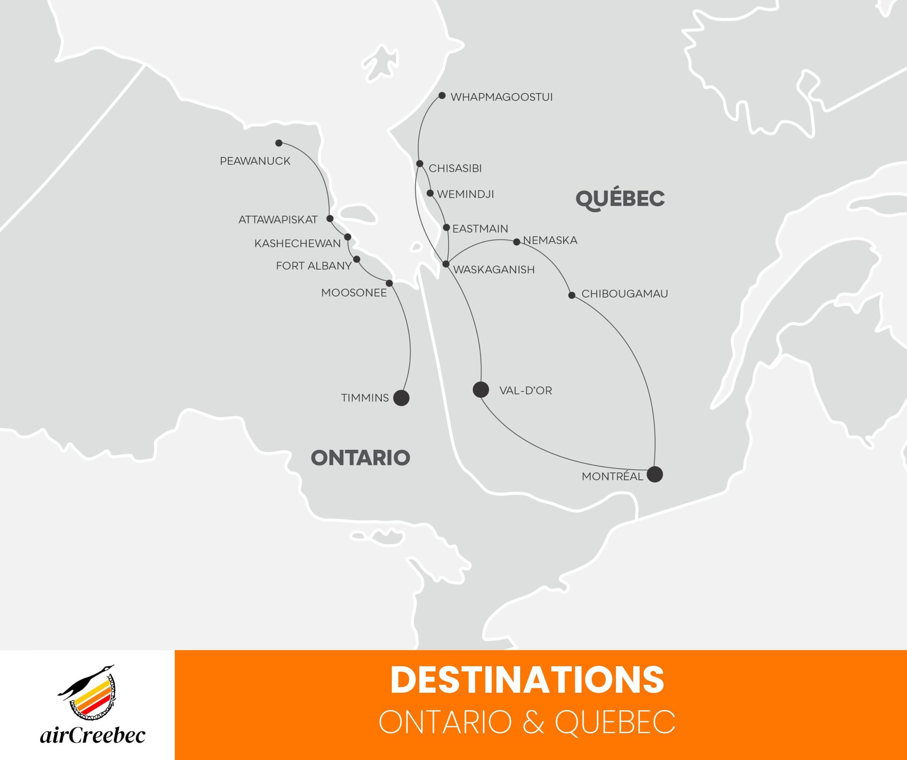 Air Creebec Destinations Map - Ontario and Quebec